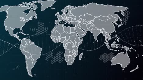 Animación-De-Una-Cadena-De-ADN-Girando-Sobre-El-Mapa-Mundial.