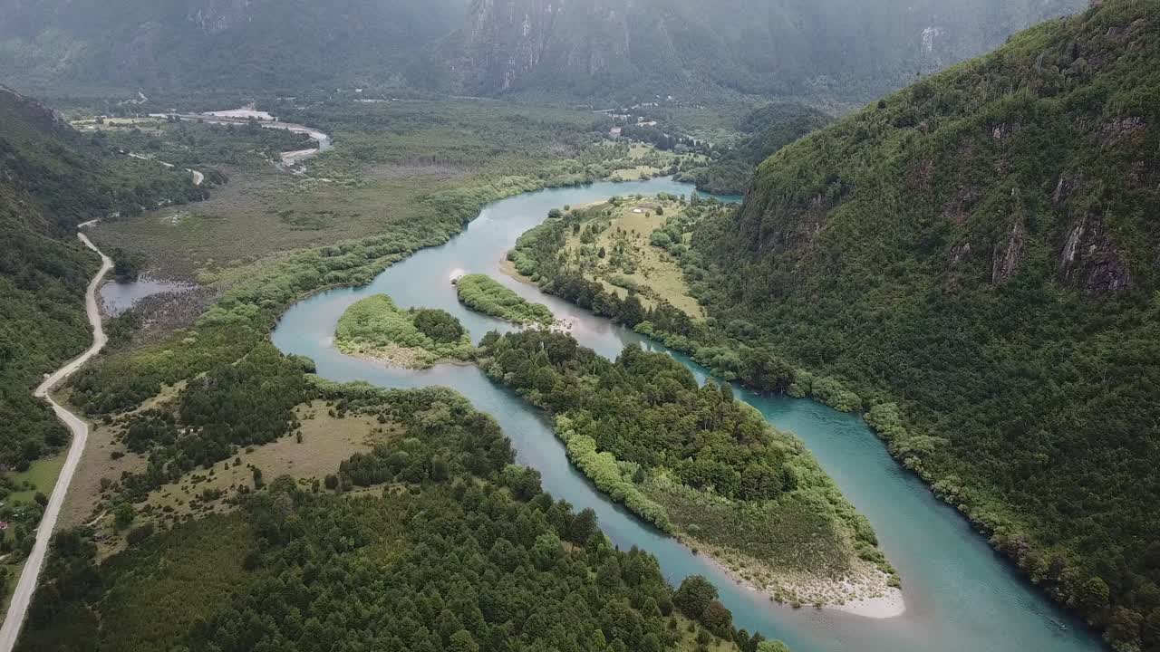 Futaleufu River, Patagonia, Chile. Drone Aerial View of Amazing Green Valley and Blue Water Landscape
