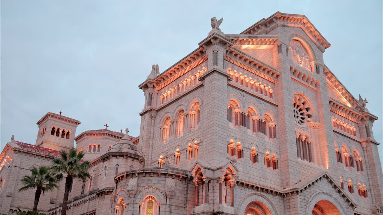 The facade of the Monaco Cathedral in the Old Town in the evening