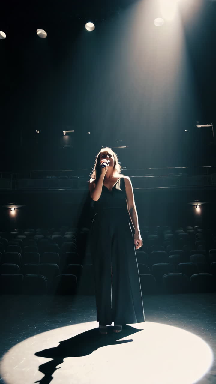 mujer cantando en el escenario