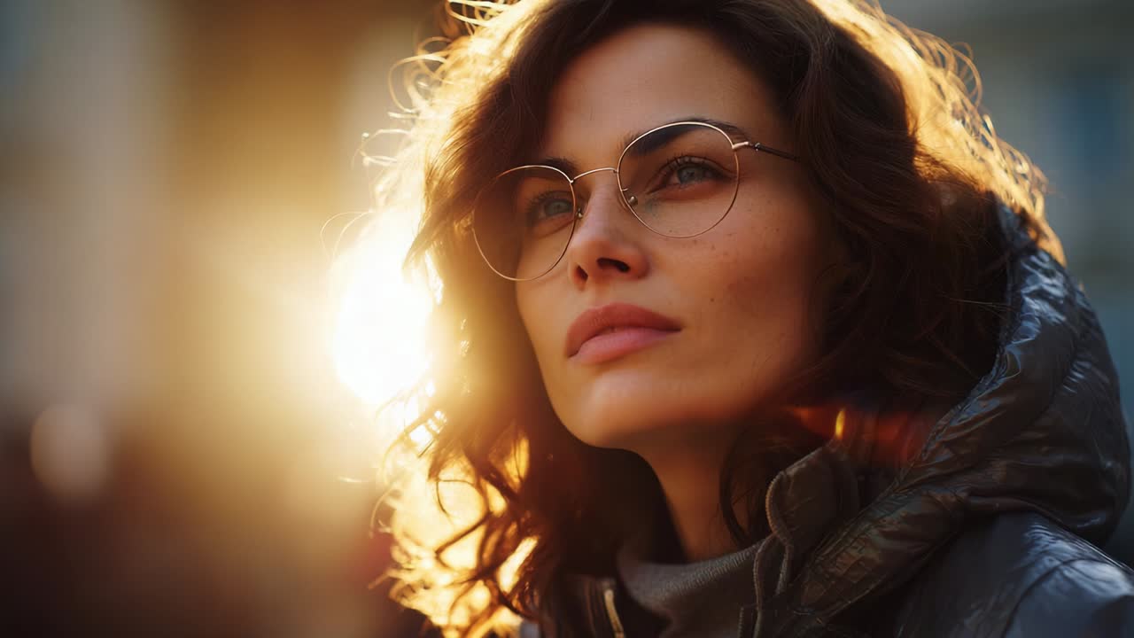 Momento di riflessione: una donna con una giacca elegante in piedi sotto la calda luce del tramonto, osserva ciò che la circonda con espressione pensierosa, fotografia artistica che cattura la luce naturale e le emozioni