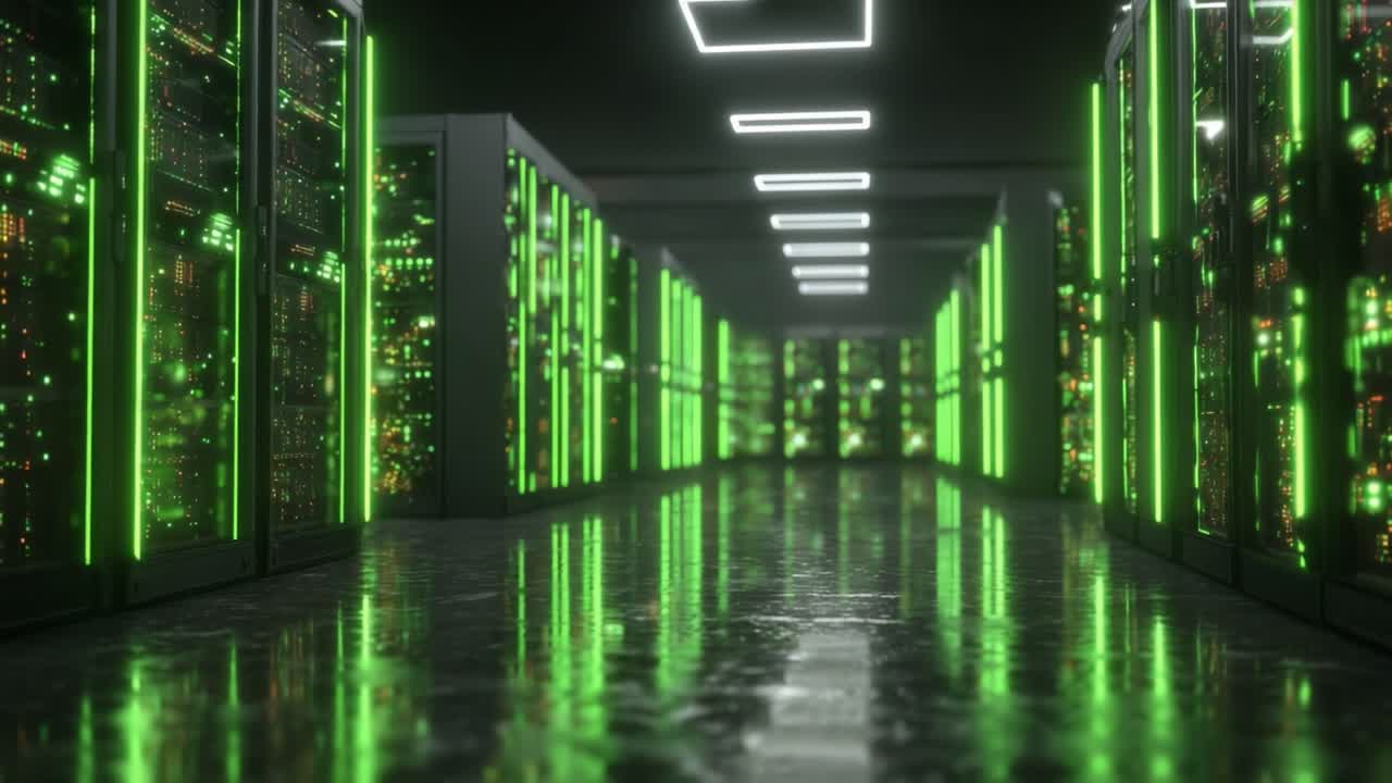 Exploring the Heart of Data Centers: A Glimpse into the High-Tech Infrastructure with Luminous Green Lights Illuminating Rows of Servers and Networks