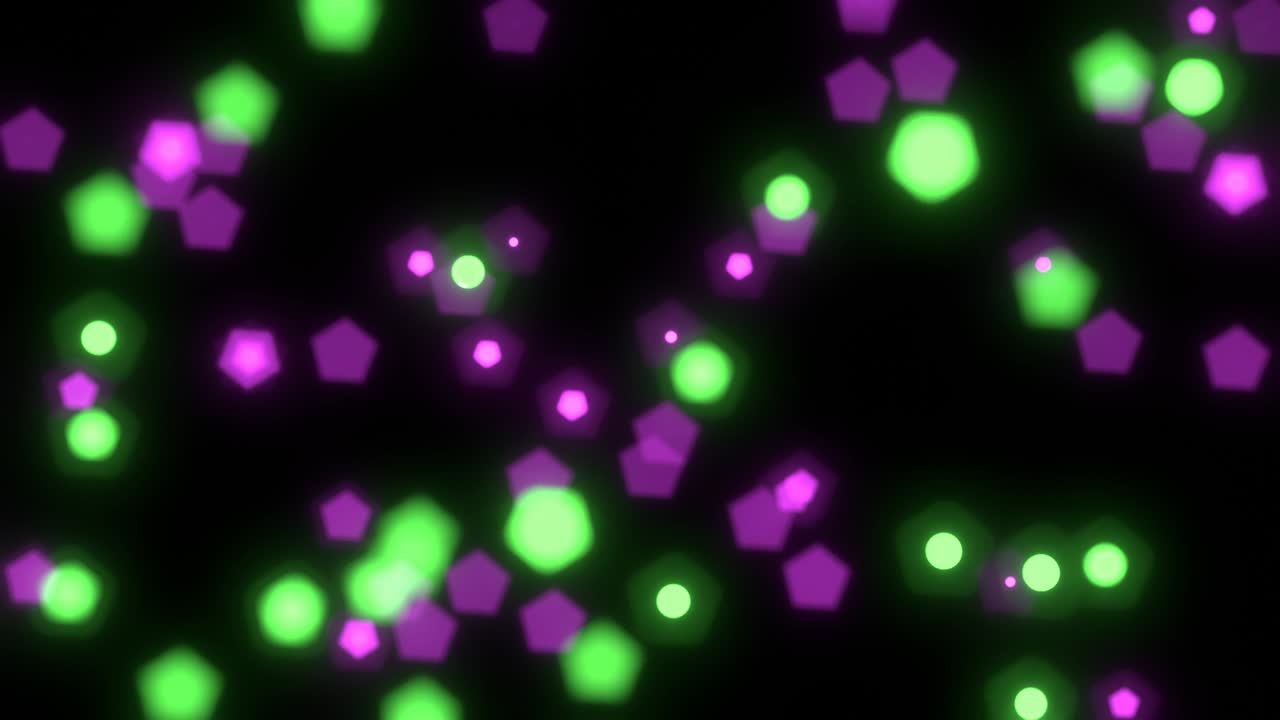 Bokeh of moving small round and pentagon plates in green and purple colors.