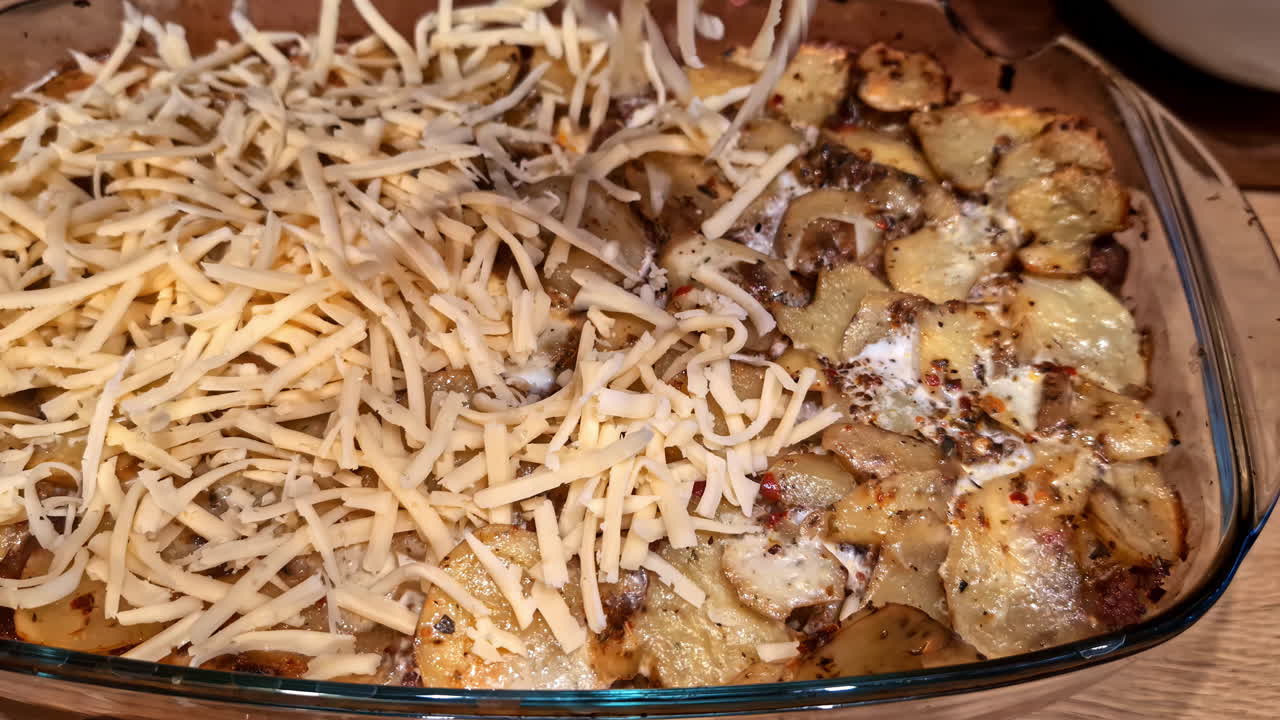 A close-up of a hand spreading shredded cheese over a homemade layered potato and ground beef casserole in a glass baking dish
