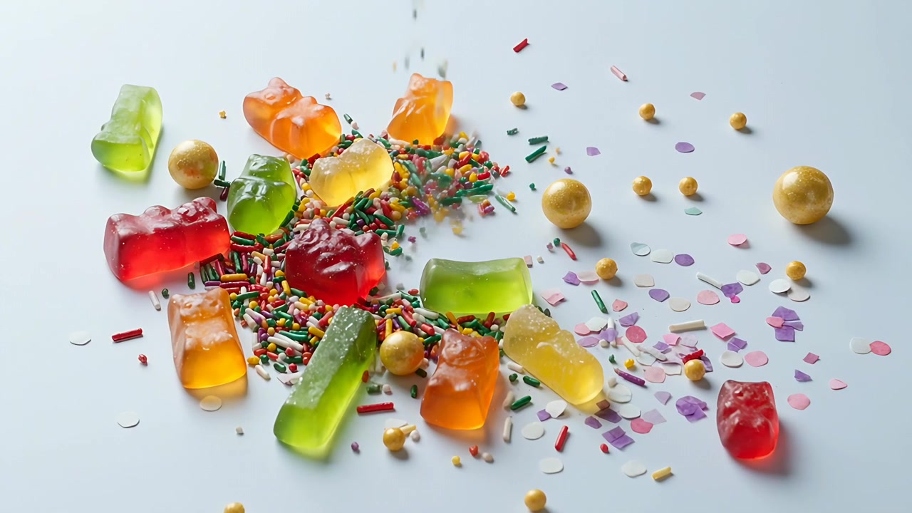 Falling sprinkles from above onto gummy cluster on white table, adding confetti and gold dragees