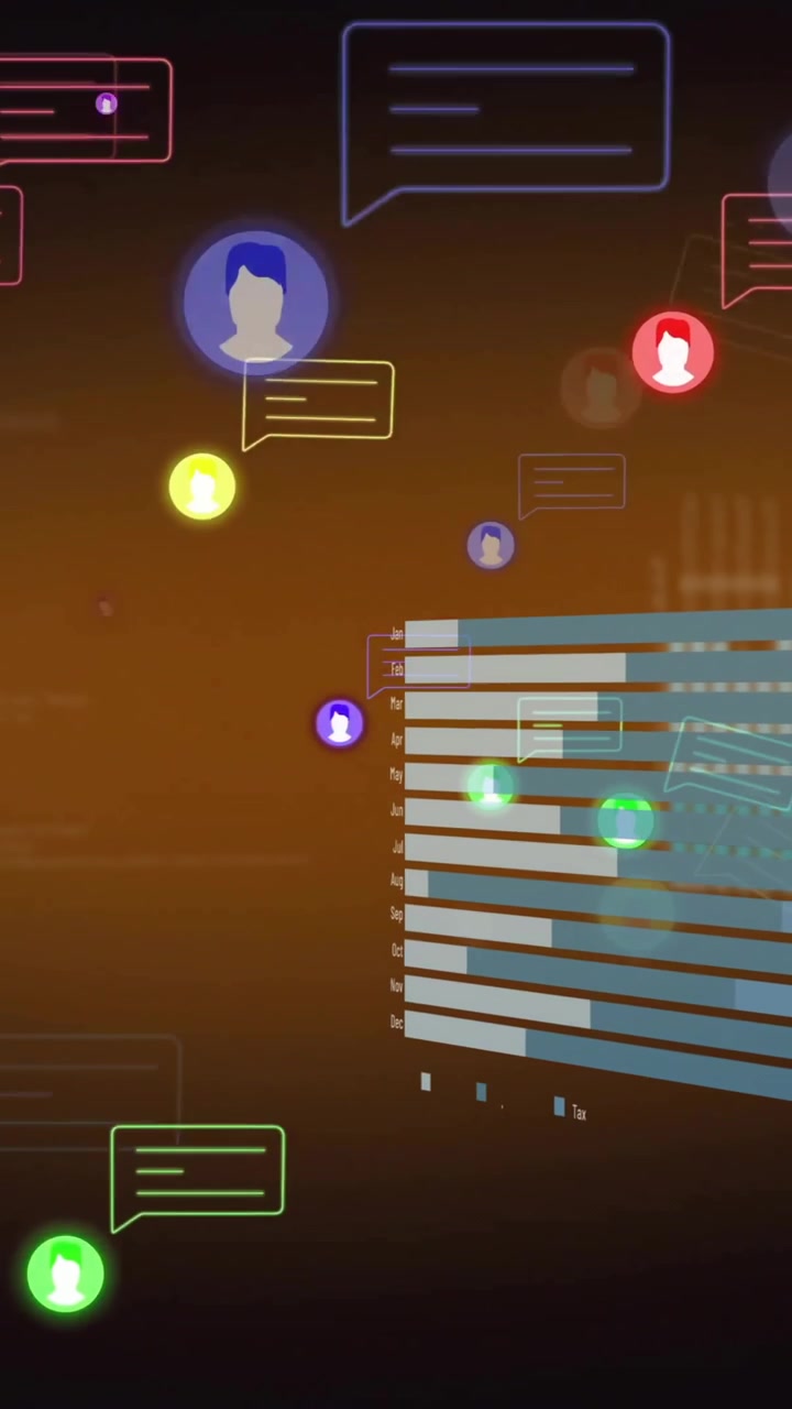 Bar chart and speech bubbles animation over green background with glowing icons