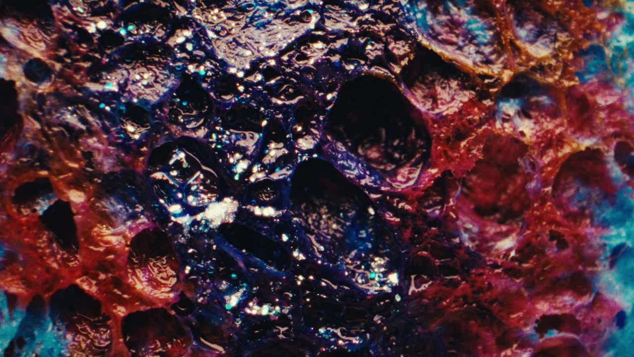 Close-up view of a colourful sponge-like texture with glitter.