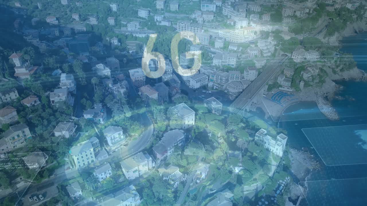 animación de texto de 6g flotando sobre vista aérea de edificios en la ciudad en el fondo