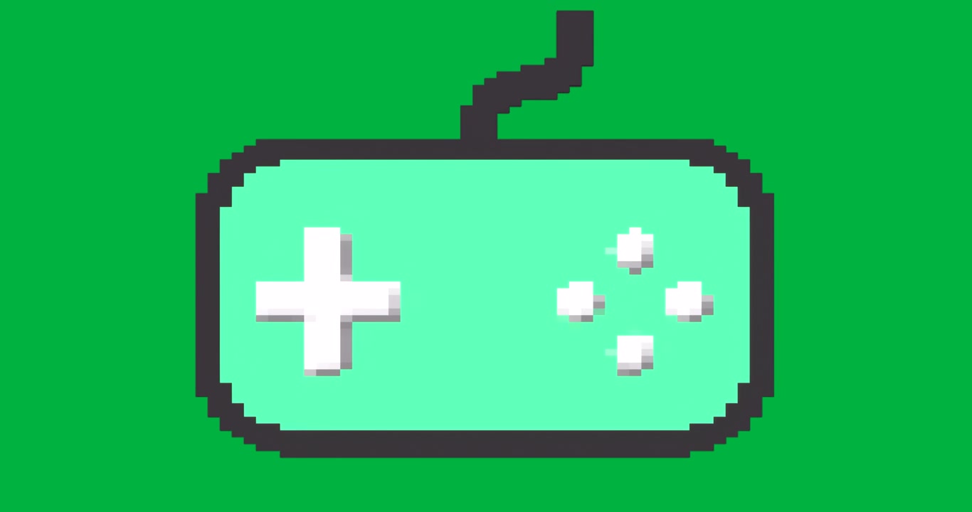 Controller da gioco in pixel art che appare su uno sfondo trasparente mostrando il pad e i pulsanti d'azione