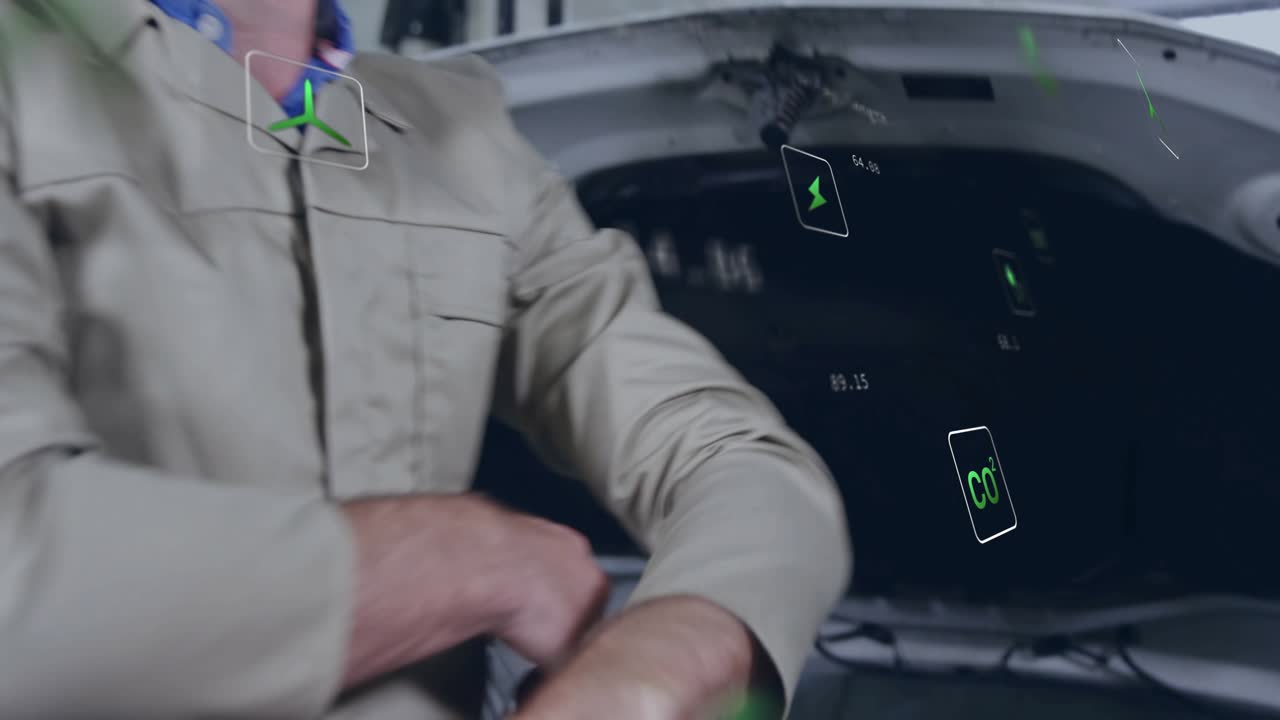自動車整備工場でエンジンボルトを締める男性整備士。緑色のアイコンがフェードアウトする中、腕を組み笑顔を見せる。