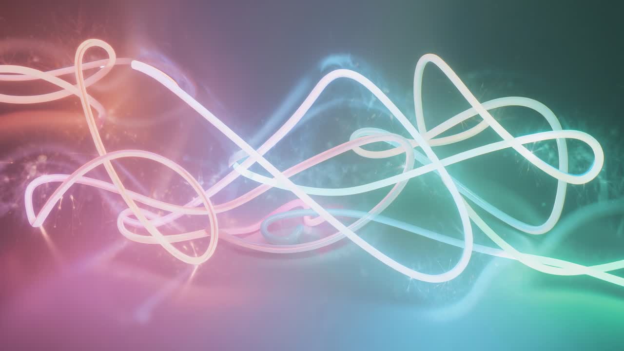 Playing glowing ribbon strands looping and drifting across pink-to-cyan backdrop, with sparks