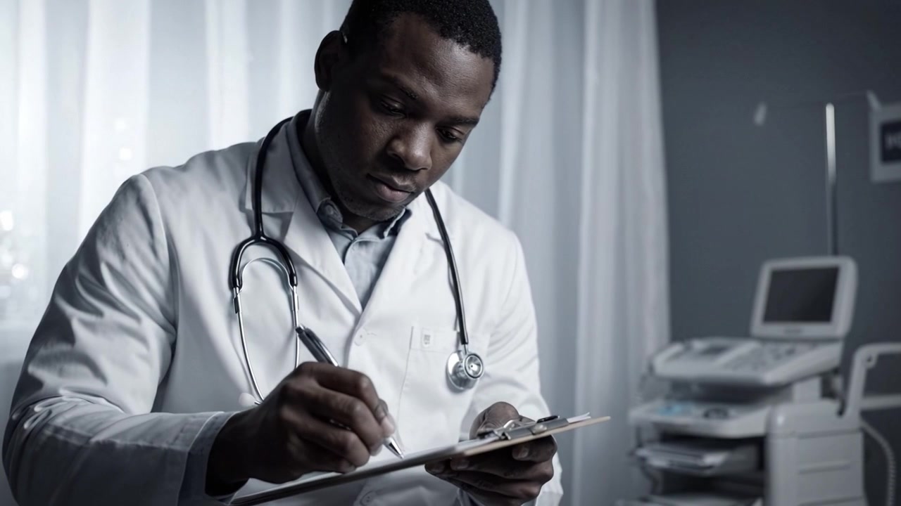 A focused medical professional in a lab coat diligently writing notes on a clipboard while preparing for a patient consultation in a clinical environment.