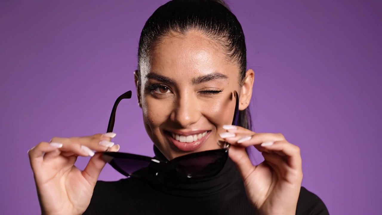 A Stylish Woman Showcasing Sunglasses Against a Vibrant Purple Background, Exuding Confidence and Chic Fashion Sense in Two Distinct Frames