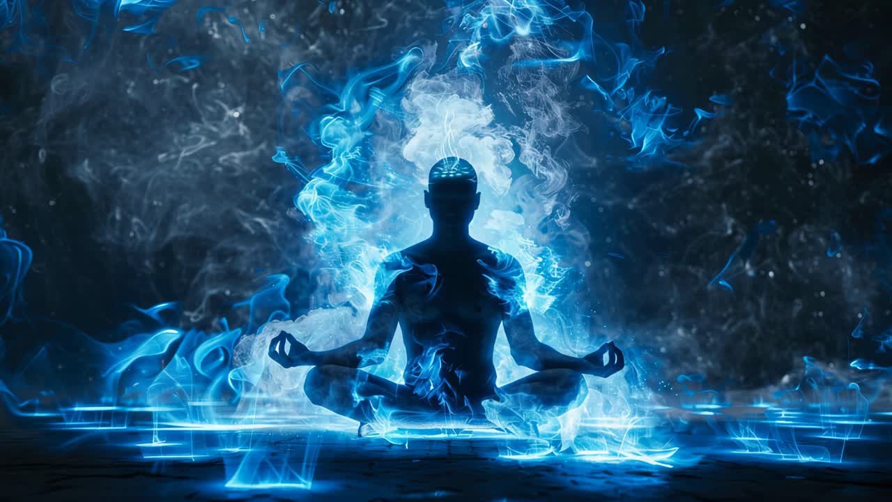 Silhouette di una persona che medita in un regno spirituale blu