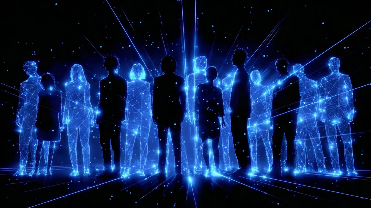 Digital avatars and human silhouettes standing together in a virtual environment, representing the concepts of metaverse, futuristic social networks, digital identity and artificial intelligence