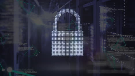 Animation of cloud and padlock icons with data processing over server room