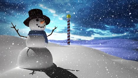 Animation-of-snowman-and-snow-falling-over-snowy-landscape