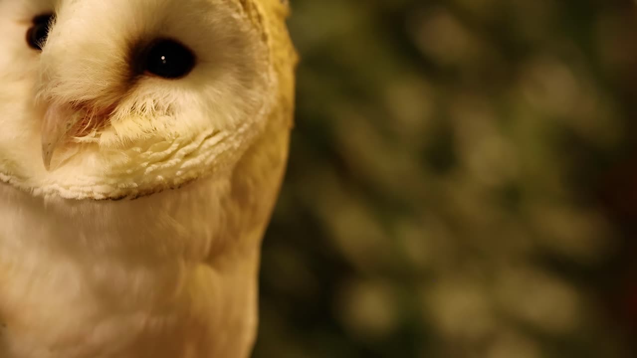 Close-up of a barn owl's head as it tilts and turns with curiosity against a blurred background.