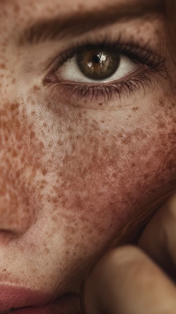 Primo piano accattivante di un viso lentigginoso che evidenzia intense espressioni oculari e una texture della pelle unica in una luce naturale soffusa.
