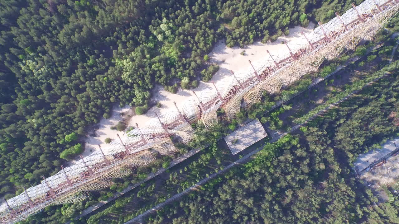 Drone footage shows the massive, abandoned Duga radar array near Chernobyl, Ukraine; a relic of the Cold War