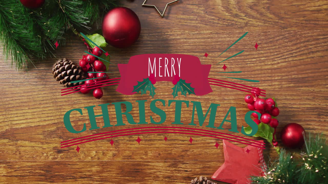 animación del texto de feliz navidad sobre las decoraciones navideñas