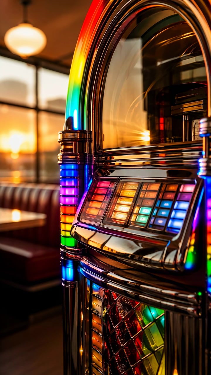 Una vista ravvicinata mostra un classico jukebox che si illumina con accenti arcobaleno cangianti accanto a divanetti e una calda luce dalla finestra, mentre le finiture in metallo lucido e i controlli colorati rimangono a fuoco.