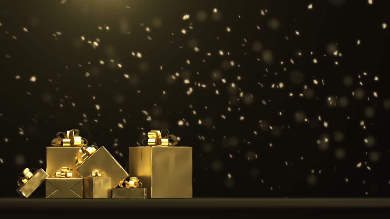 Golden  gift box set with snow particles falling on black Background. Christmas Concept idea.