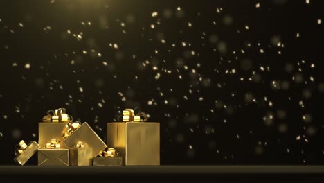 caja de regalos dorada con partículas de nieve cayendo sobre un fondo negro. idea de concepto de navidad.