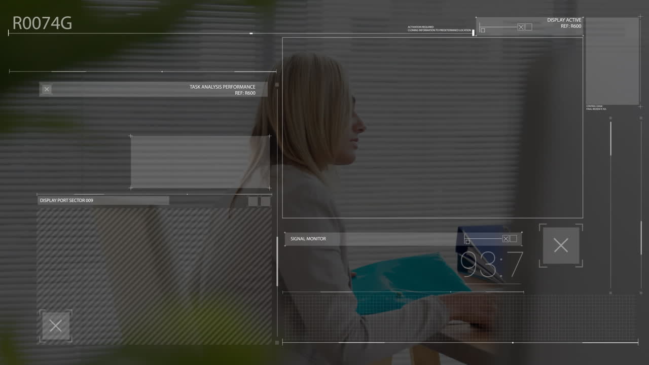 Animation of financial data processing over caucasian businesswoman using laptop in office