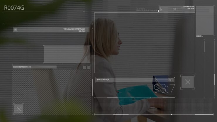 Animation af finansiel databehandling over kaukasisk forretningskvinde, der bruger bærbar computer på kontor