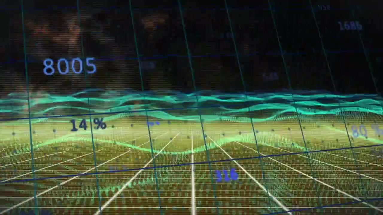 Teal waveform emerging from gold grid, rising and falling with numeric labels visualizing trend