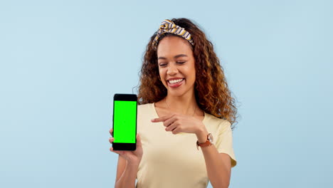 Woman,-phone-green-screen-and-presentation