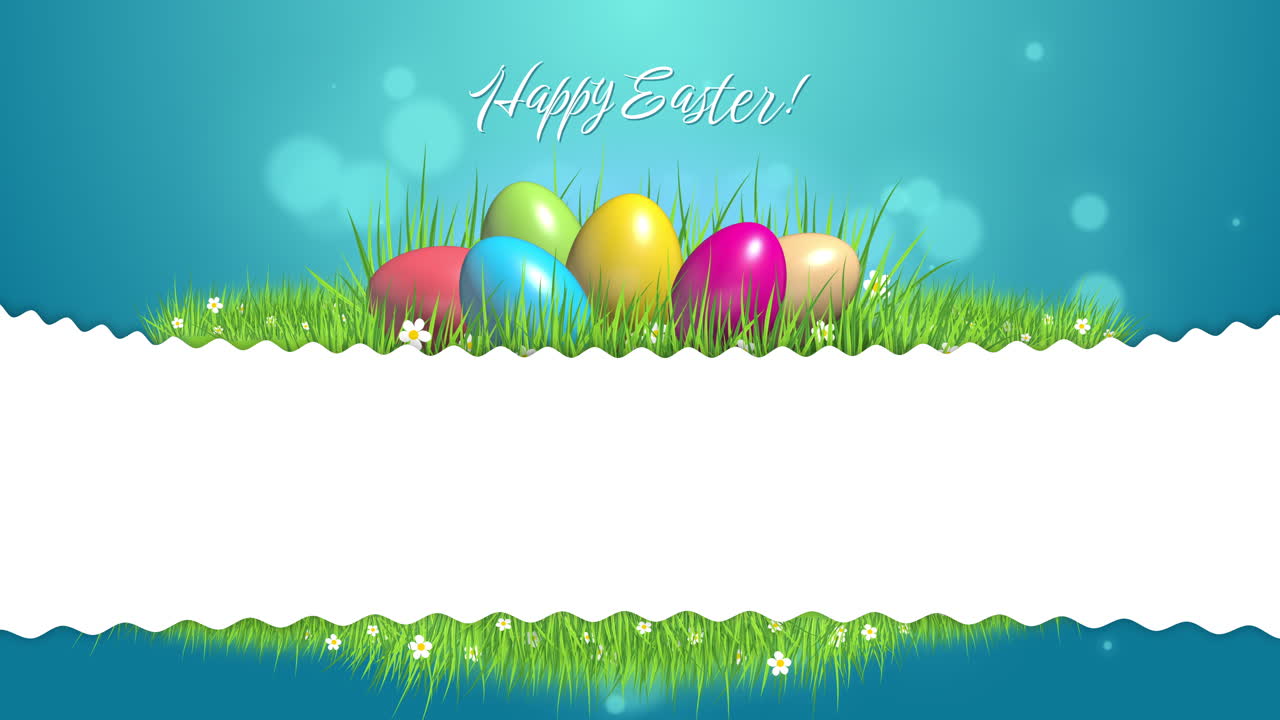 Green meadow with colored Easter eggs on blue background with bokeh. White empty frame for greeting text. Animation with the inscription Happy Easter. Loop video.