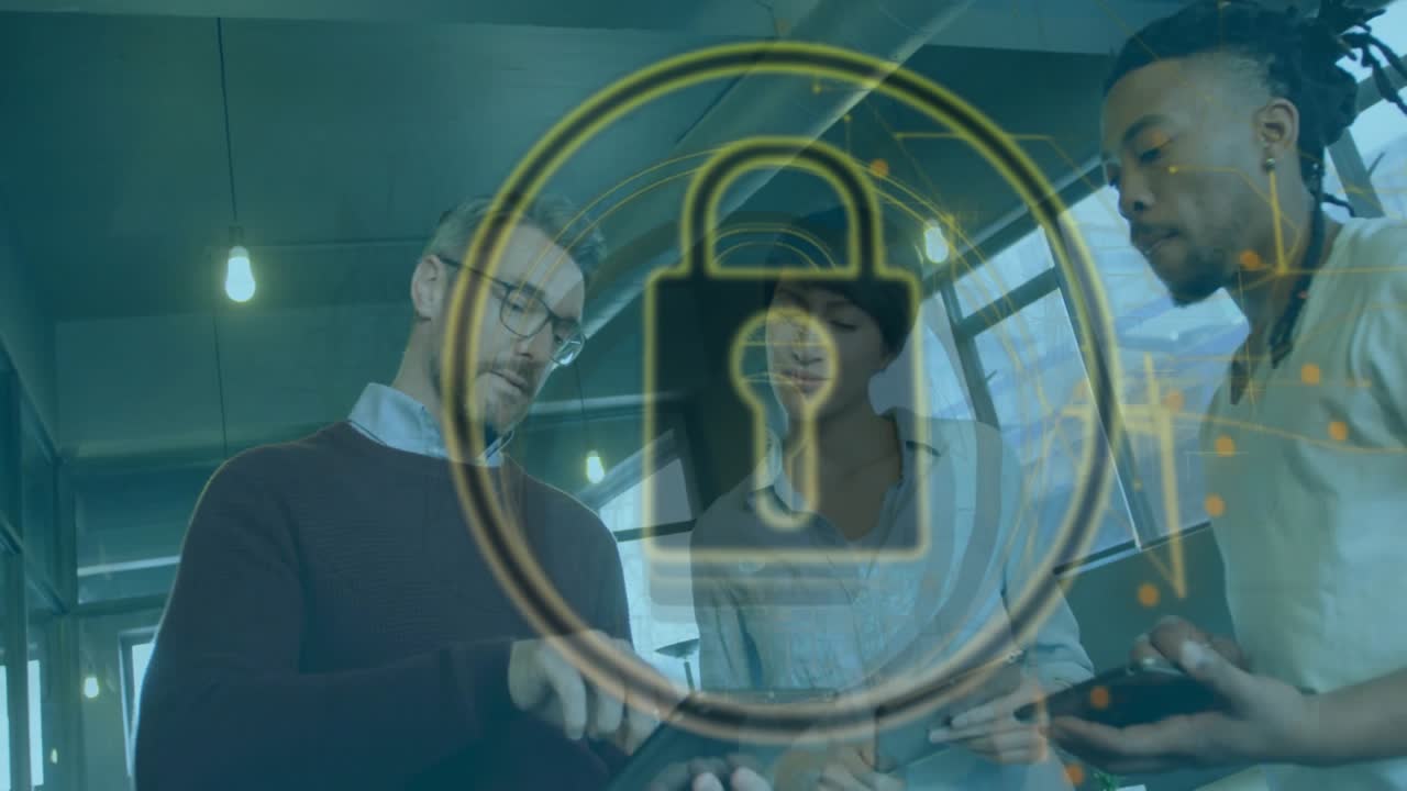 Colleagues tapping devices while padlock icon fading in with golden particles showing data security