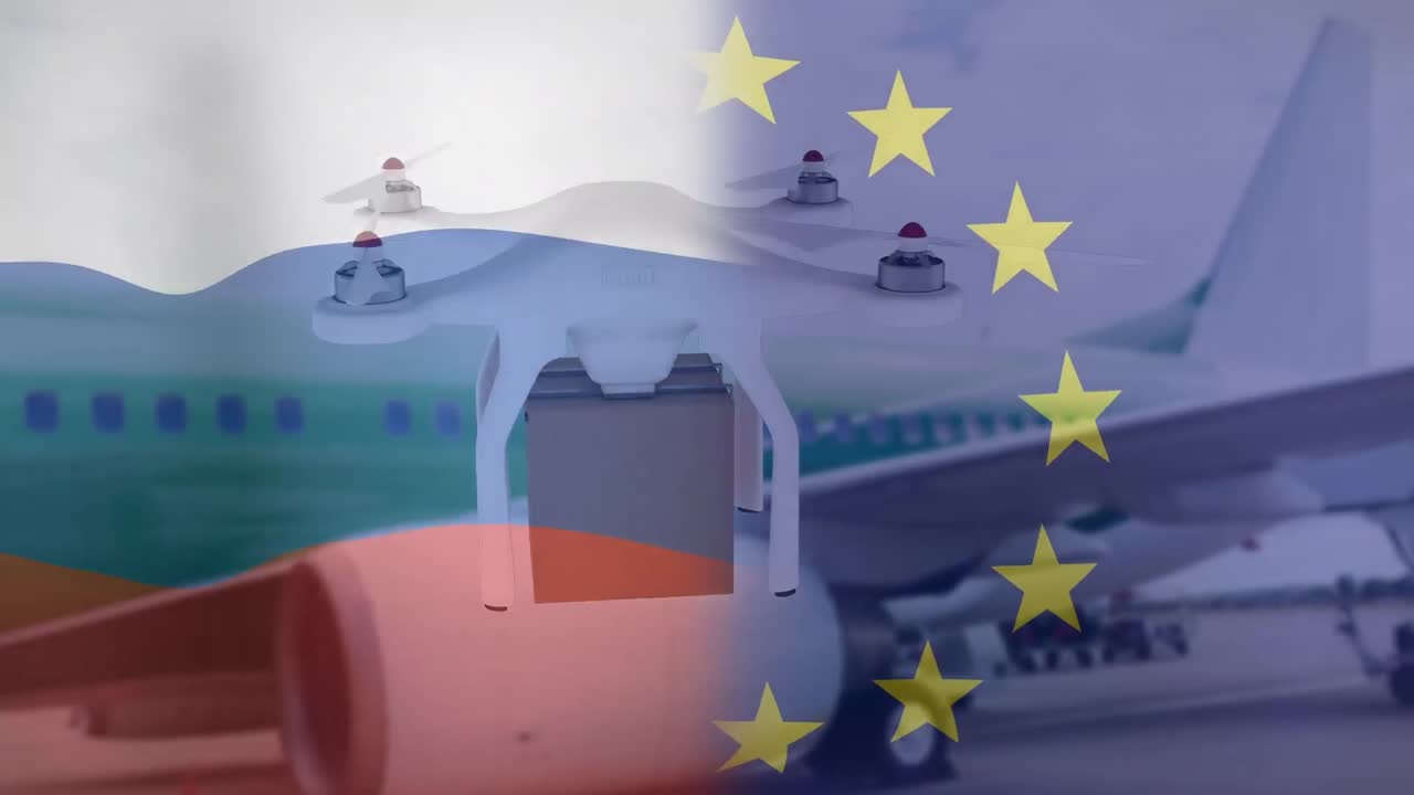анимация беспилотника с коробкой над флагами россии и ес