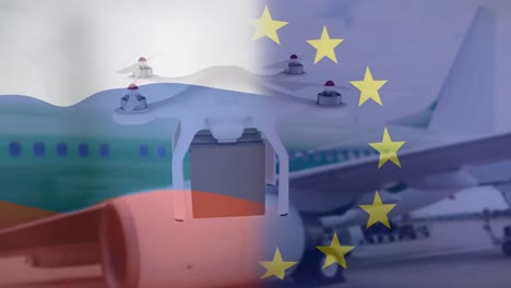 animation of drone with box over flags of russia and eu