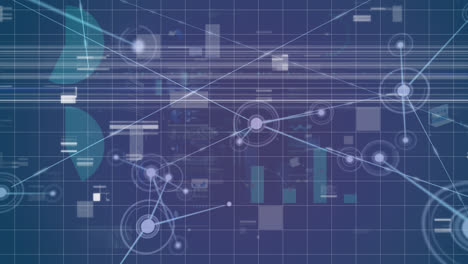 animation of network of connections over statistical data processing against blue background