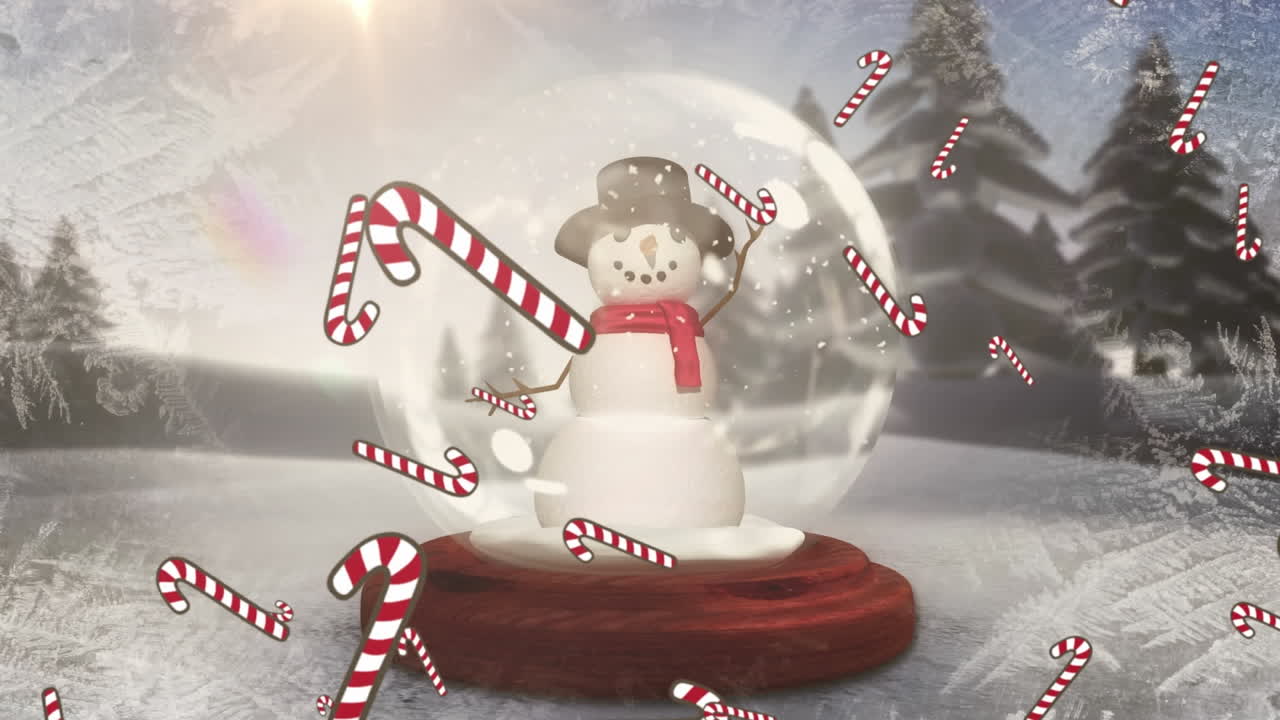 Multiple candy cane icons falling over snowman in a snow globe on winter landscape