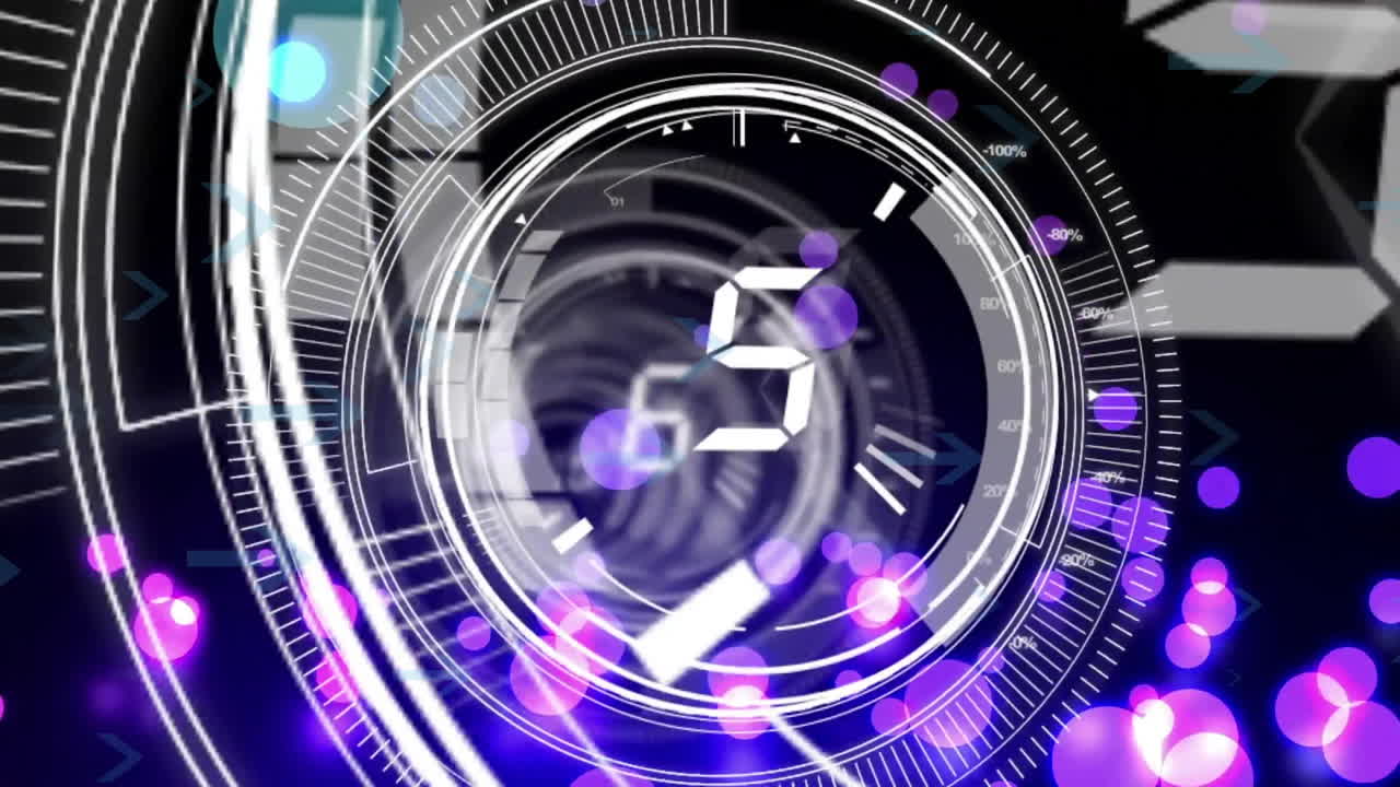 Animation of scope scanning with countdown and arrows over light spots on black background