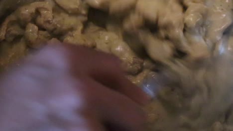 hand with spoon mixing chicken simmering slowly on pan. - close up