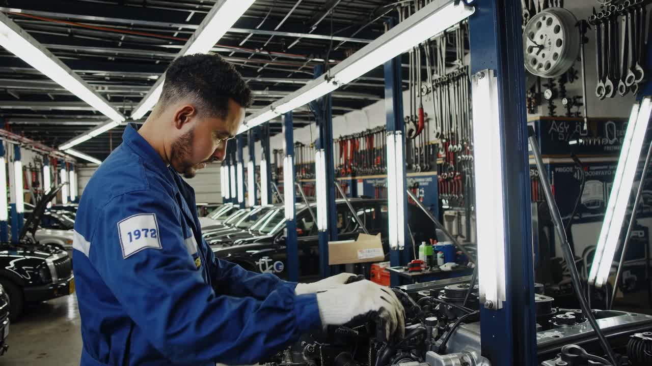 A mechanic in a blue uniform works on an engine in a well-lit garage