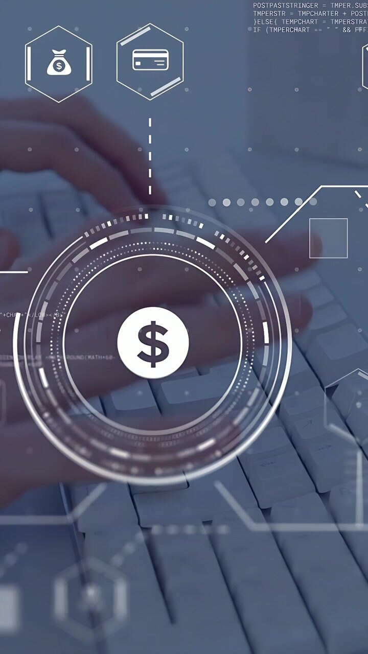 Vertical video: Hands pressing keys, activating dollar HUD with rings and shield for secure payment