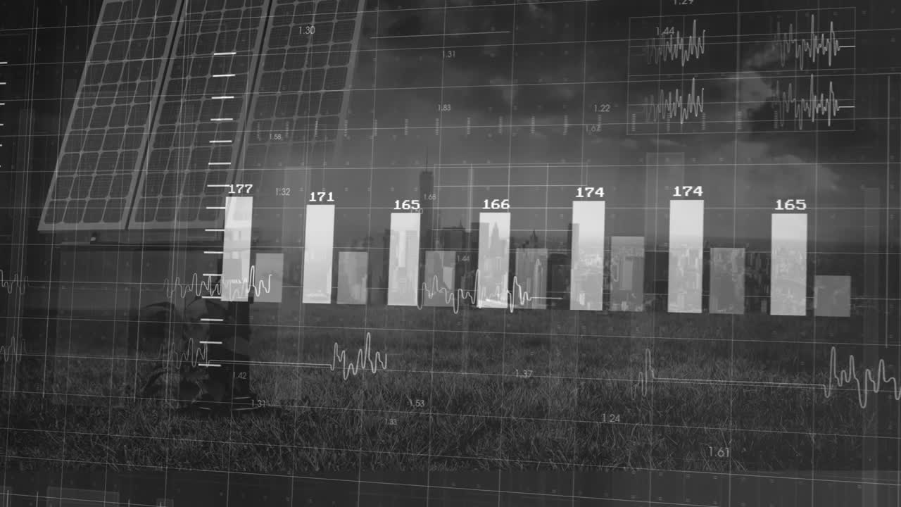 Solar panel arrays sending live data in grassy field, showing rising bar charts and line graphs