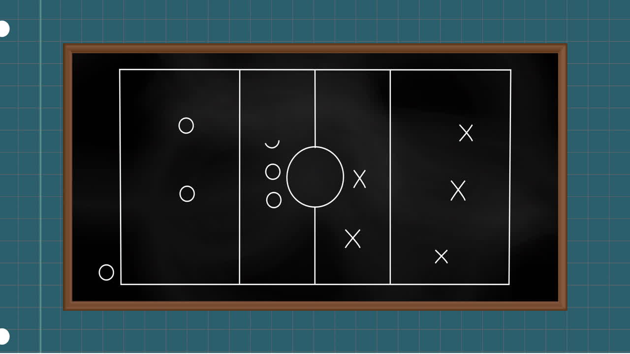 Animation of sports field with tactics and strategy drawings on squared paper background