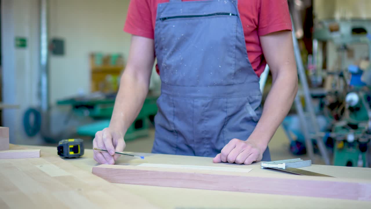 Carpenter Measuring and Marking Wood in a Workshop