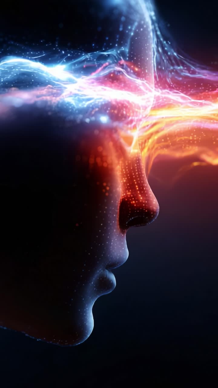 Una obra de arte digital fascinante que ilustra una silueta humana con vibrantes flujos de energía que emanan de la frente, simbolizando el pensamiento, la creatividad y la innovación.