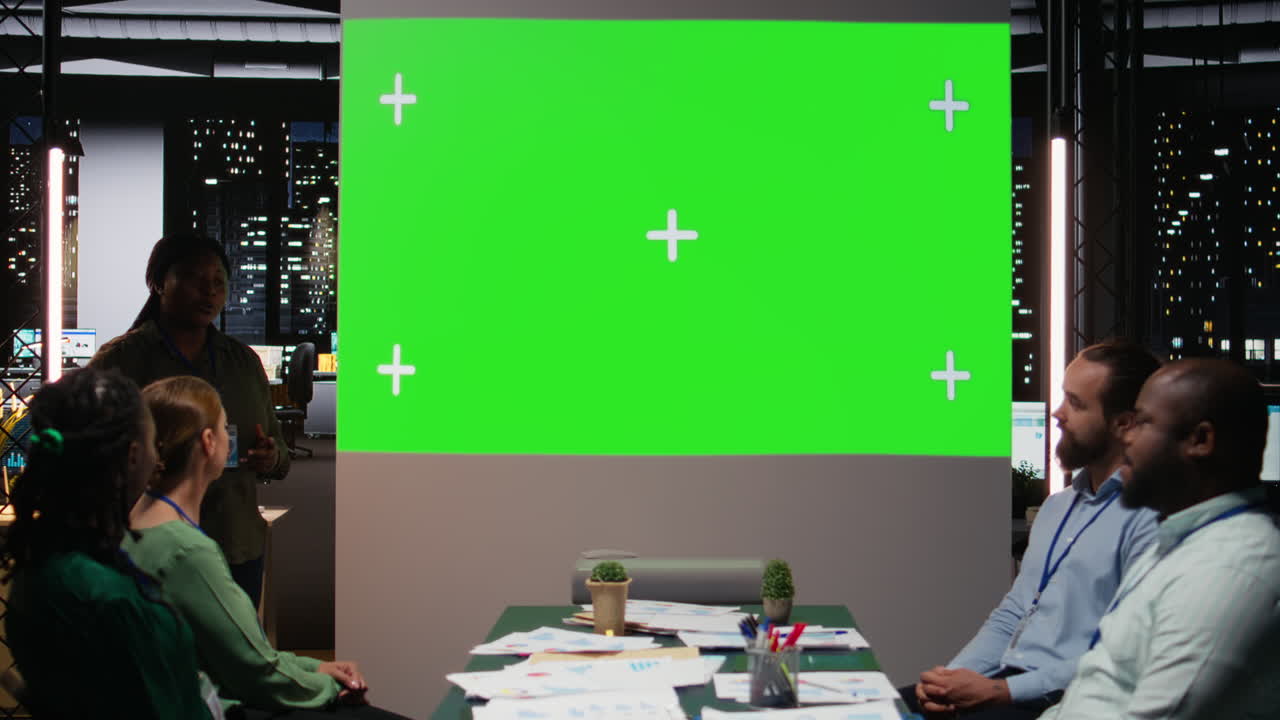 Shareholders discuss with staff in strategic conference with copy space