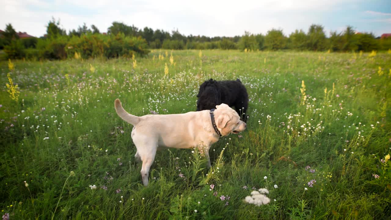 두 개가 잔디에서 행복하게 놀고 있다.