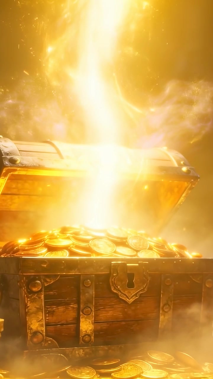 縦型動画：石の上に置かれた開いた木箱から、輝くコインの山が金色の光線を放ち、煙が立ち上る。