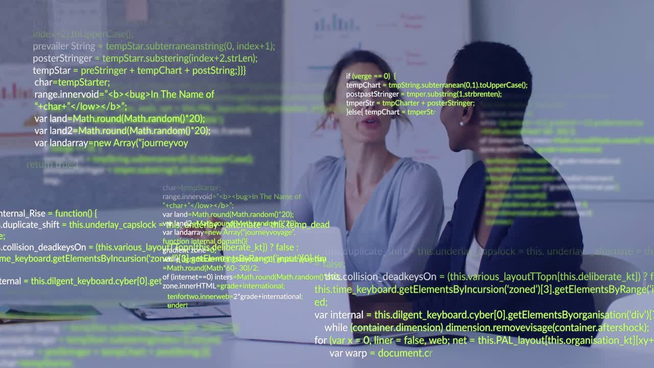 Two women gesturing at laptop, analyzing code at meeting table, floating lines highlighting edits